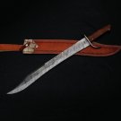 26" Custom Hand Made Forged Damascus steel SWORD Handle with Brown Micarta With Leather Sheath