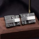 Damascus Steel Black Silver Mens Cufflinks Square Zircon CZ Inlay Hammered Stainless