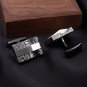 Damascus Steel Black Silver Mens Cufflinks Square Zircon CZ Inlay Hammered Stainless