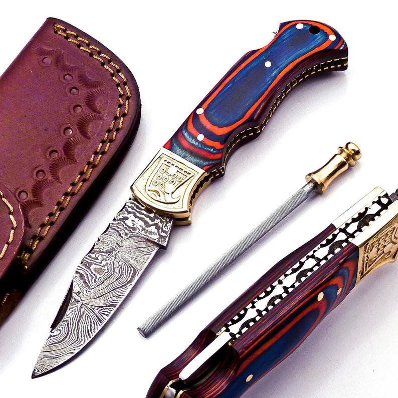 Handmade Damascus Folding Pocket knife Hunting knife 100% Handmade