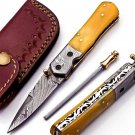 Hunting knife with knife sharpener Damascus Steel Handle Camel Bone with leather Sheath 909