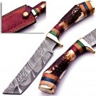 Handmade Damascus Steel Hunting knife Handle Deer Antler with leather Sheath -