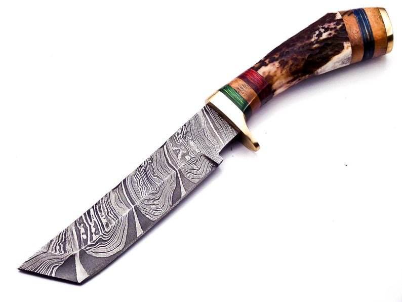 Handmade Damascus Steel Hunting knife Handle Deer Antler with leather