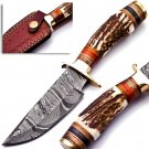 6 inch Handmade Damascus Steel Hunting knife Handle Deer Antler W leather Cover Handle and Clip