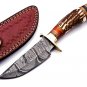 6 inch Handmade Damascus Steel Hunting knife Handle Deer Antler W leather Cover Handle and Clip