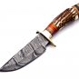6 inch Handmade Damascus Steel Hunting knife Handle Deer Antler W leather Cover Handle and Clip