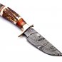 6 inch Handmade Damascus Steel Hunting knife Handle Deer Antler W leather Cover Handle and Clip