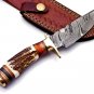6 inch Handmade Damascus Steel Hunting knife Handle Deer Antler W leather Cover Handle and Clip