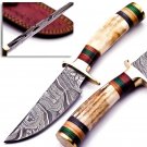 8 inch Handmade Damascus Steel Hunting knife Handle Deer Antler W leather Sheath Handle and Clip