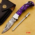 Damascus Steel Folding Pocket Knife Handmade Knife for men sharpening rod and leather sheath