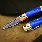 Poseidon 3 In Closed High End Damascus Pocket Knives Mokume Bolsters,Blue Lapis Gem Stone,Green Ruby