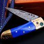 Poseidon 3 In Closed High End Damascus Pocket Knives Mokume Bolsters,Blue Lapis Gem Stone,Green Ruby