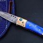 Poseidon 3 In Closed High End Damascus Pocket Knives Mokume Bolsters,Blue Lapis Gem Stone,Green Ruby