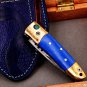 Poseidon 3 In Closed High End Damascus Pocket Knives Mokume Bolsters,Blue Lapis Gem Stone,Green Ruby