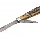 Pocket Knife Damascus Nickel Silver Jigged Bone Nail Nick With Leather Sheath