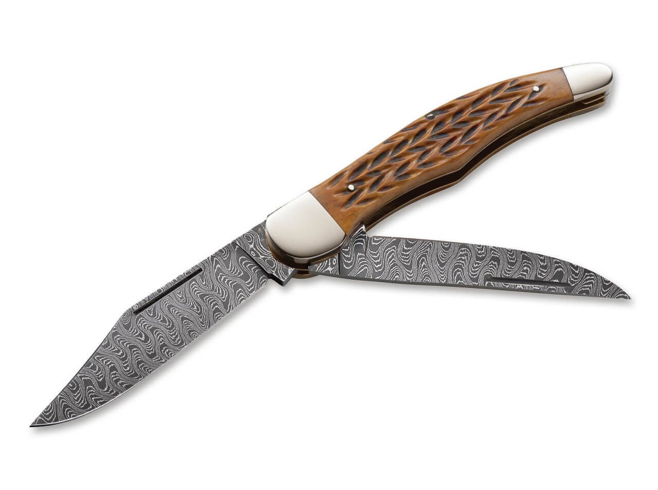 Pocket Knife Damascus Nickel Silver, Jigged Bone Slip joint Nail Nick With Leather Sheath