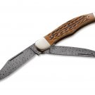 Pocket Knife Damascus Nickel Silver, Jigged Bone Slip joint Nail Nick With Leather Sheath