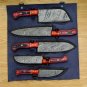 Handmade Damascus Chef set Of 5pcs With Leather, Damascus Knife Set, Damascus Chef Knife