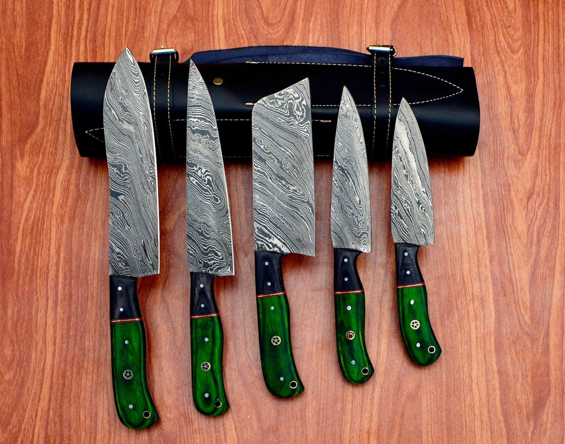 Handmade Damascus Chef set 5pcs With Leather Cover,Kichten Knife,Damascus Knife Set, Kitchen knives