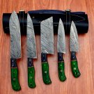Handmade Damascus Chef set 5pcs With Leather Cover,Kichten Knife,Damascus Knife Set, Kitchen knives
