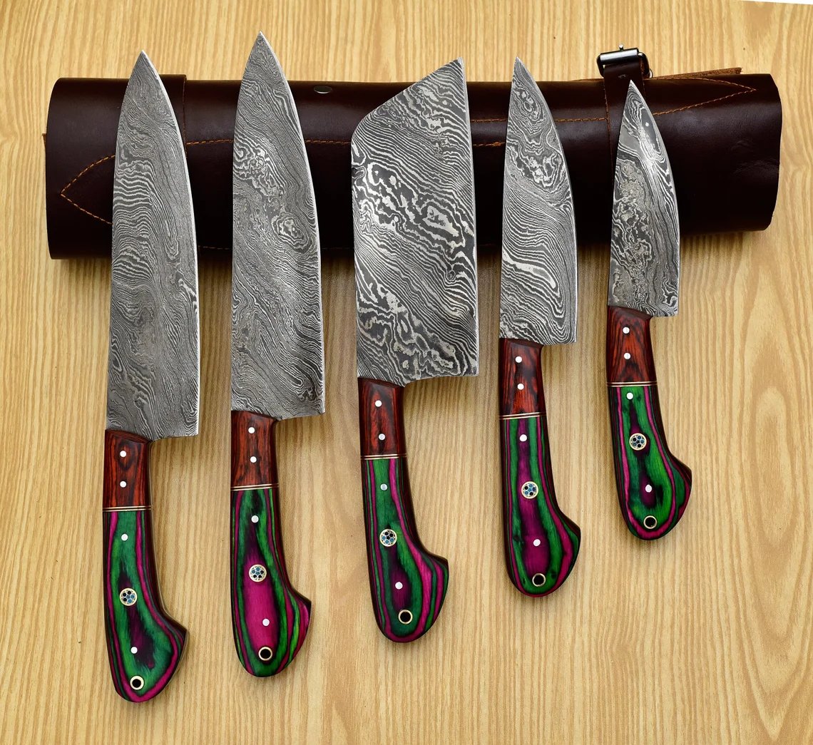Handmade Damascus Chef set 5pcs With Leather,Damascus Knife Set,Damascus Chef Knife, Kitchen Set