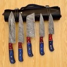 Handmade Damascus Chef set 5pcs With Leather Cover,Kichten Knife,Damascus Knife Set, Kitchen knives