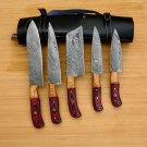 Handmade Damascus Chef set Of 5pcs With Leather, Damascus Knife Set, Damascus Chef Knife