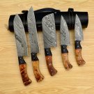 Handmade Damascus Chef set Of 5pcs With Leather, Damascus Knife Set, Damascus Chef Knife