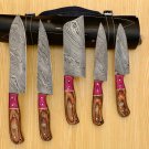 Handmade Damascus Chef set Of 5pcs With Leather Cover, Kitchen Knife, Damascus Knife Set