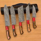 Handmade Damascus Chef set Of 5pcs With Leather Cover,Kitchen Knife, Damascus Knife Set,Kitchen