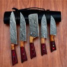 Handmade Damascus Chef set Of 5pcs With Leather, Damascus Knife Set, Damascus Chef Knife