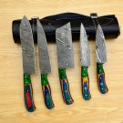 Handmade Damascus Chef set Of 5pcs With Leather, Damascus Knife Set, Damascus Chef Knife
