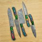 Handmade Damascus Chef set Of 5pcs With Leather, Damascus Knife Set, Damascus Chef Knife