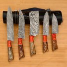 Handmade Damascus Chef set Of 5pcs With Leather Damascus Knife Set  Damascus Chef Knife Kitchen Set