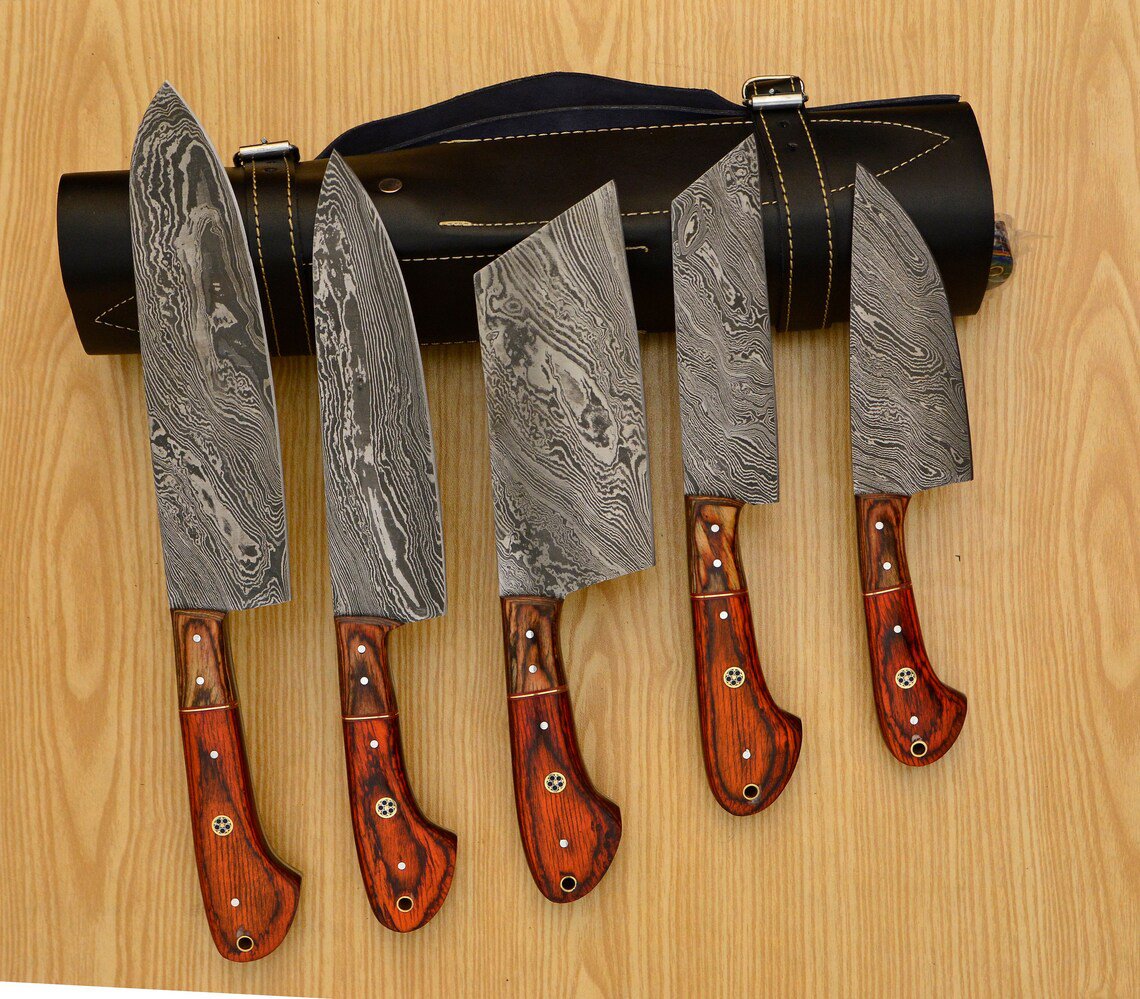 Custom Handmade Damascus Chef set Of 5pcs With Leather Cover, Kitchen Knife,Damascus Knife Kitchen