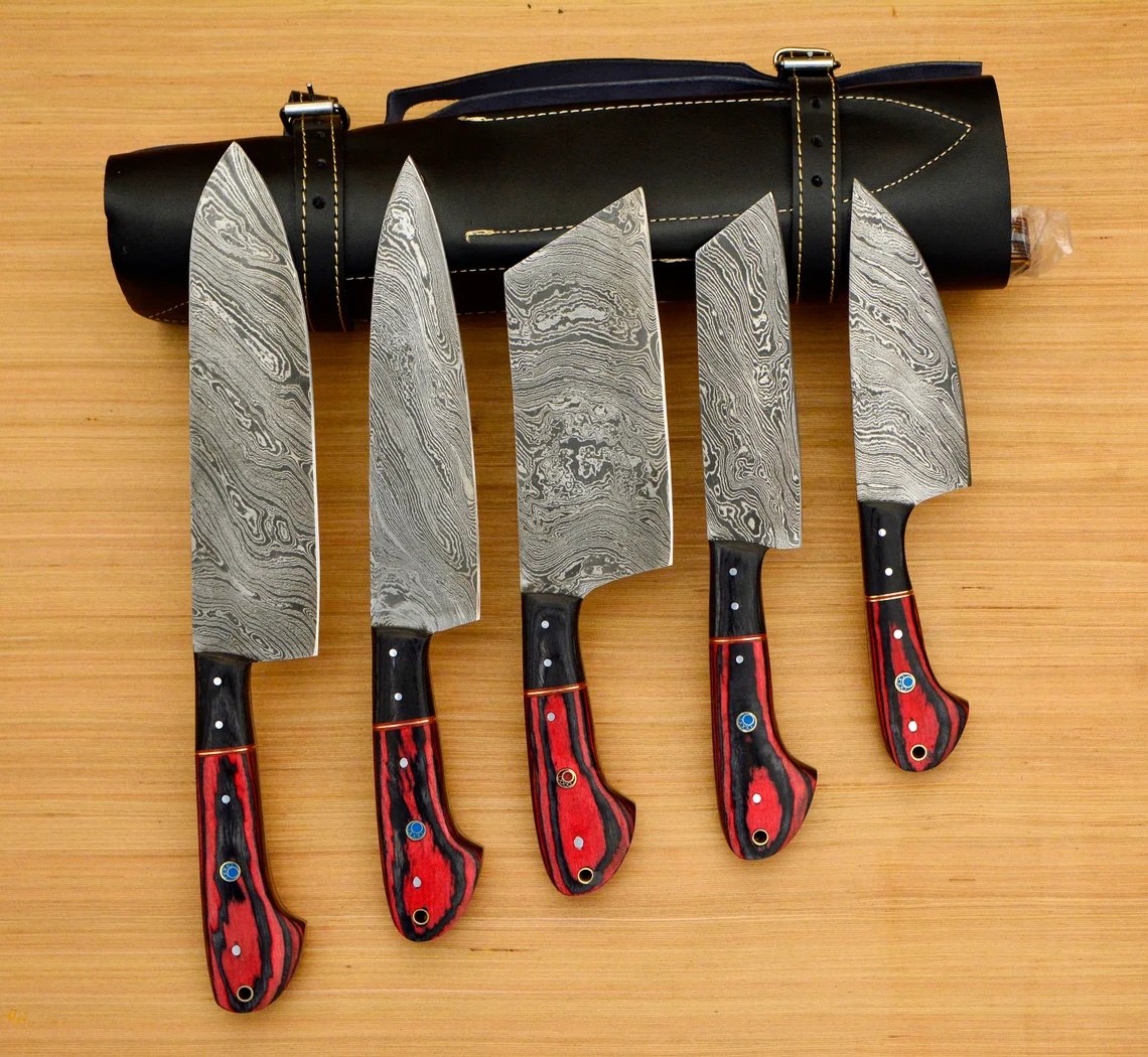 Custom Handmade Damascus Chef set Of 5pcs With Leather Cover,Kichten Knife,Damascus Knife Set