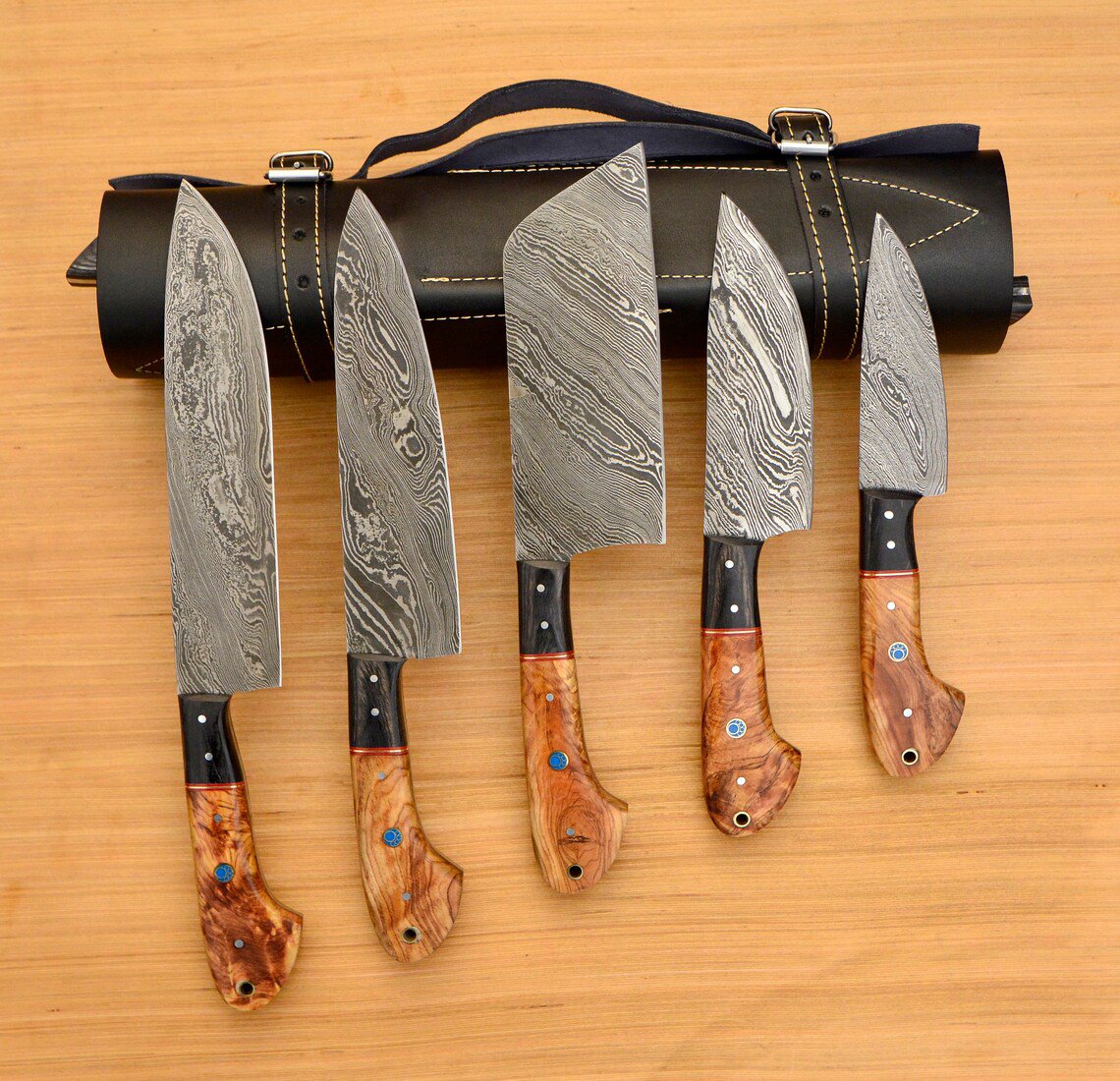 Custom Handmade Damascus Chef set Of 5pcs With Leather Cover,Kitchen Knife, Damascus Knife Set