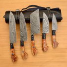 Custom Handmade Damascus Chef set Of 5pcs With Leather Cover,Kitchen Knife, Damascus Knife Set