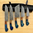 Handmade Damascus Chef set Of 5pcs With Leather, Damascus Knife Set, Damascus Chef Knife
