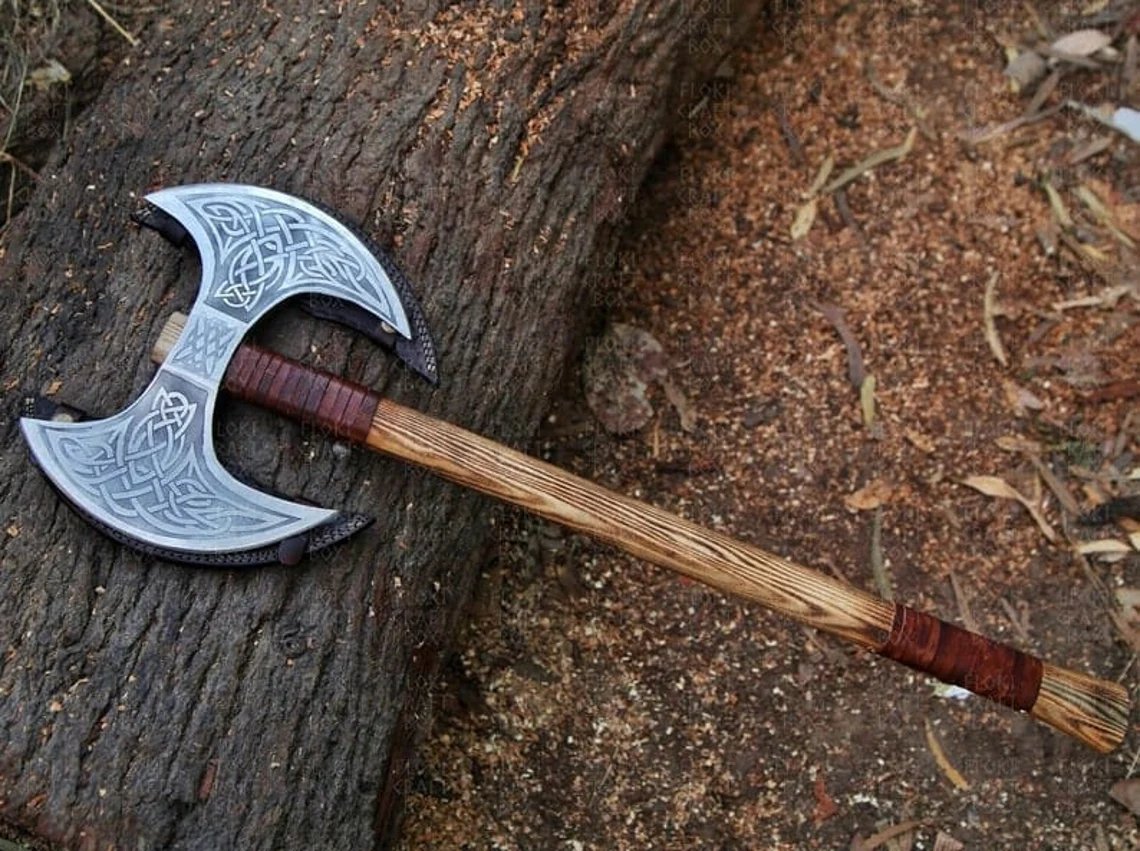 Viking Axe Double Headed Custom handmade Carbon Steel Axe Ash Wood Shaft Leather Wrap, Best Birthday