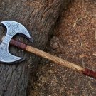 Viking Axe Double Headed Custom handmade Carbon Steel Axe Ash Wood Shaft Leather Wrap, Best Birthday