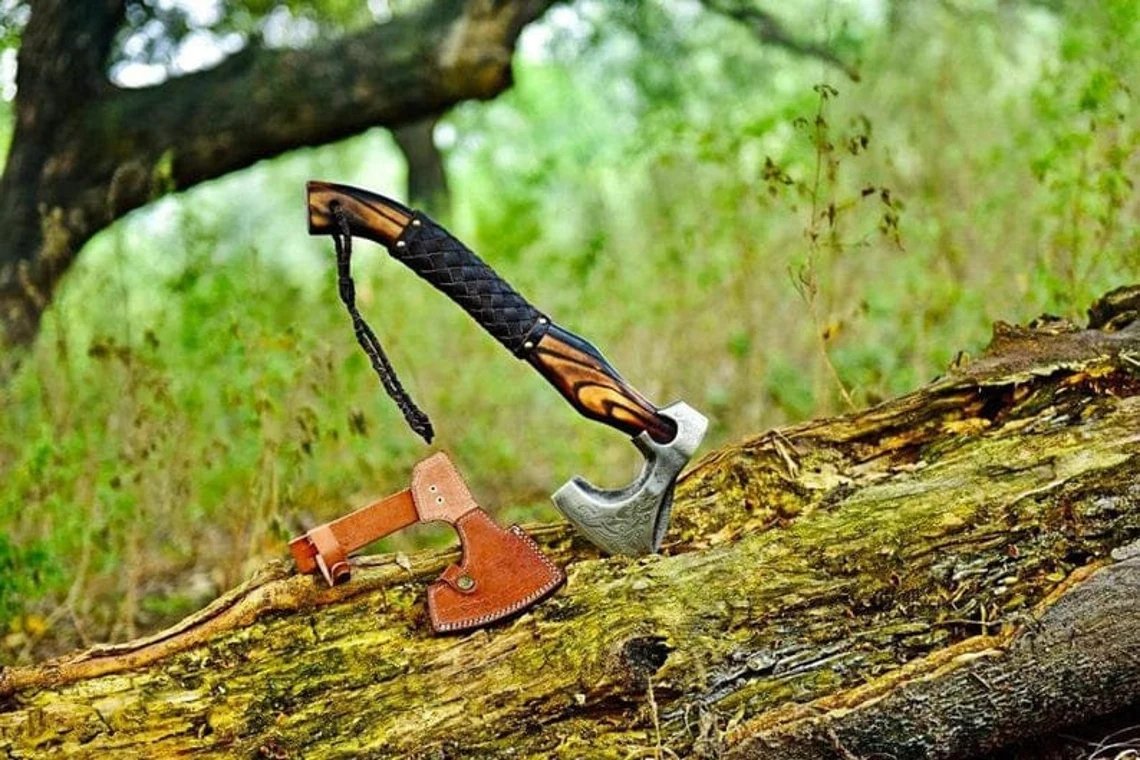 Smith Custom Hand Forged Carbon Steel Viking Axe with Rose Wood Shaft Viking Bearded Camping Axe