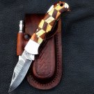 Personalized Custom Handmade Damascus Steel Folding Knife Pocket knife With Leather Sheath