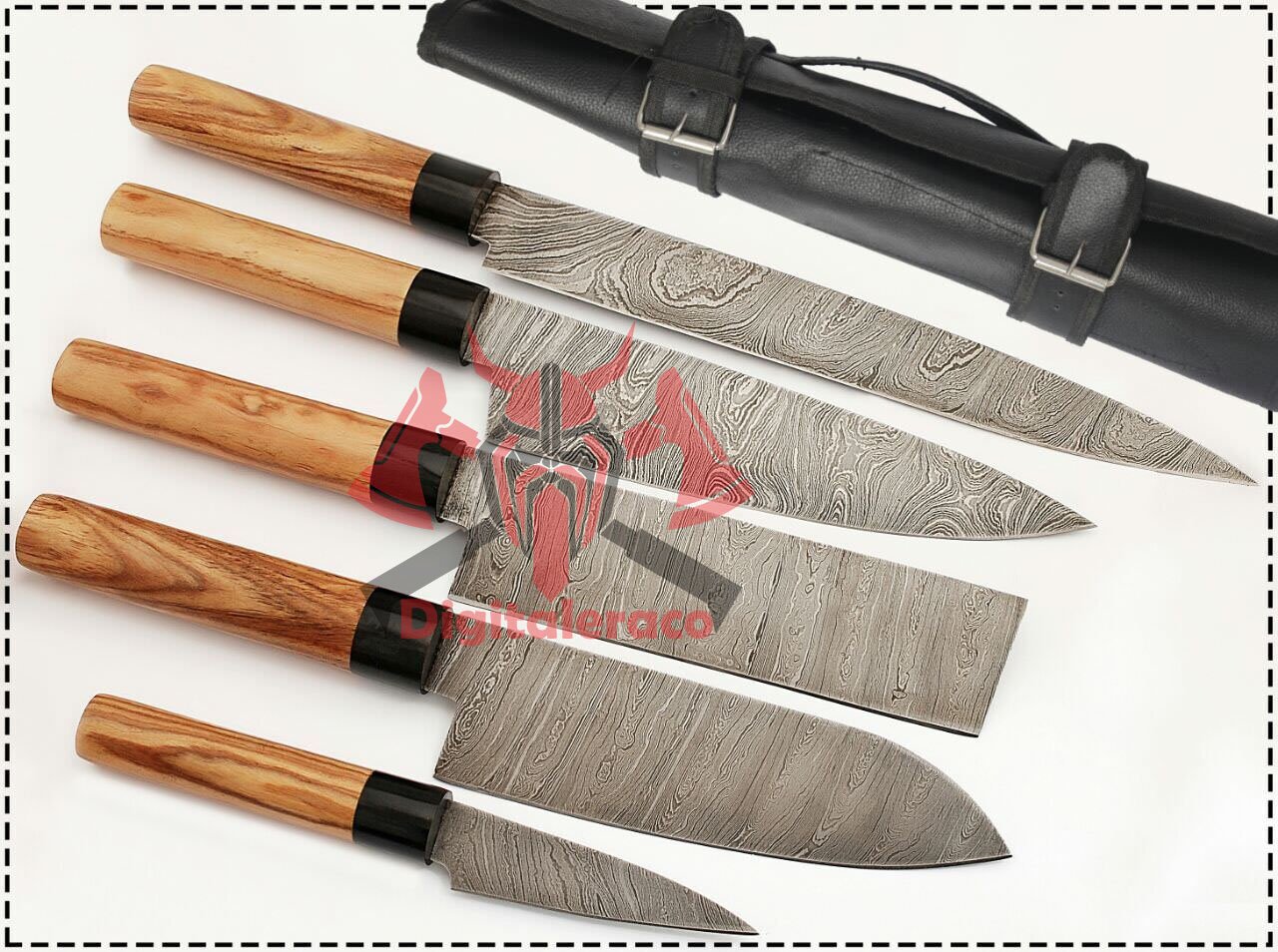 Custom Eye Catching Chef Set Damascus Kitchen 5pc Professional Chef Knife Set Chef Set With Sheath