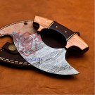 Handmade Damascus Chef Kitchen Ulu Knife Handmade Damascus Steel Handle Wood with leather Sheath