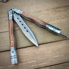 Custom Satin Timber Handmade Damascus Steel Folding Balisong Butterfly Knife+Leather Sheath