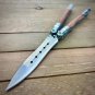 Custom Satin Timber Handmade Damascus Steel Folding Balisong Butterfly Knife+Leather Sheath
