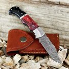 Handmade Damascus Folding Pocket Knife With Small Defects 6.5+ sheath