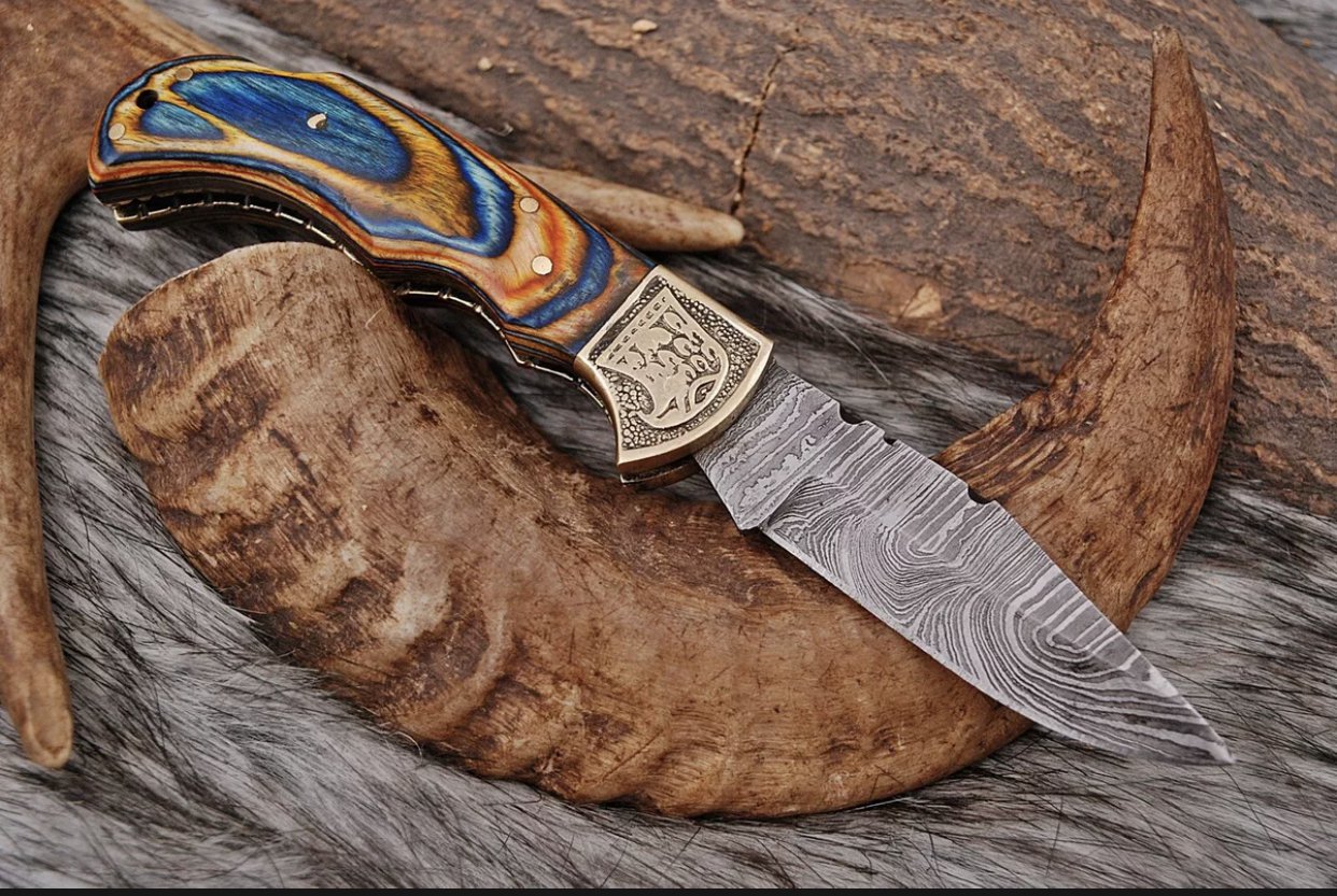 Custom Pocket Knife Handmade Damascus Folding Knife with Sheath and Camping
