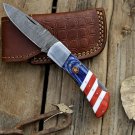 Handmade Damascus Steel with American Flag Handle Functional EDC Pocket Folding Knife